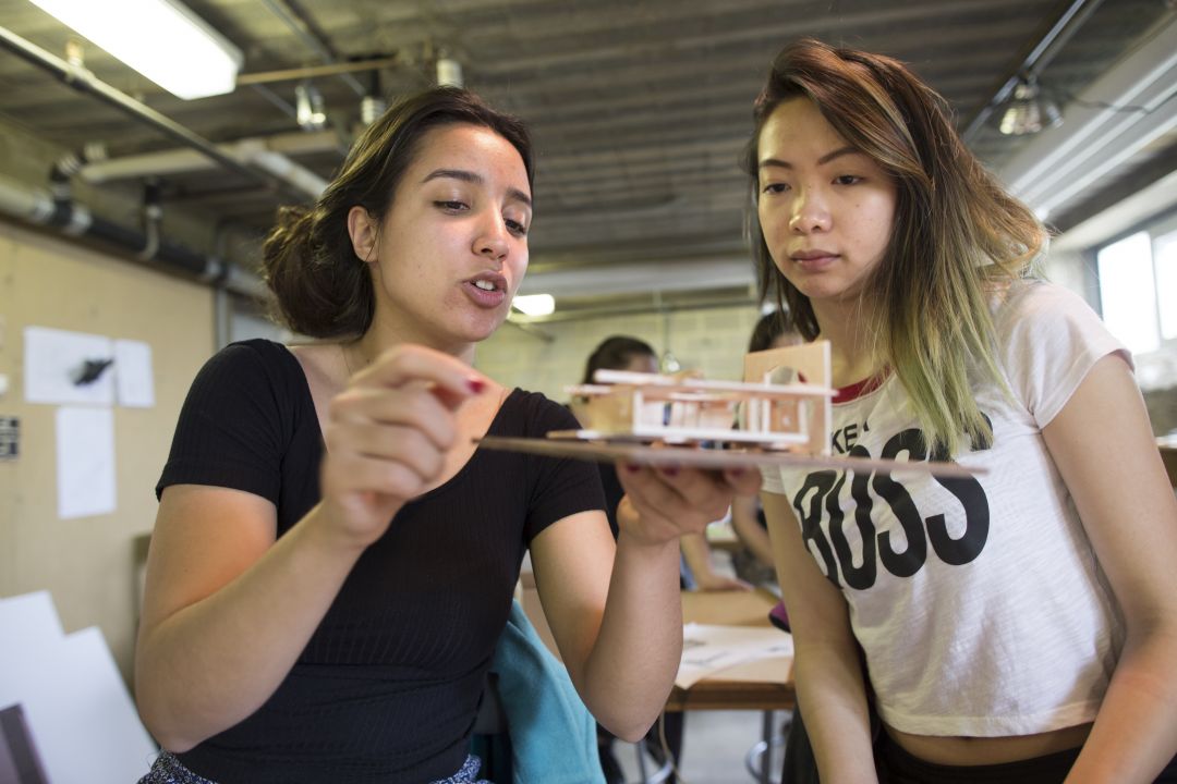 Arts and Engineering combined class with Matt Zucker and Logan Grinder in the Willetts Studio on the campus of Swarthmore College on Wednesday, April 12, 2017, in Swarthmore, Pa. Mariam Bahmane '19 and Wendy Wu '19. (Laurence Kesterson / staff photographer)